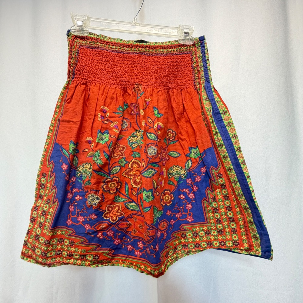 Twenty One Womens Red Orange Floral Smocked Waist Cotton Boho Mini Skirt Large